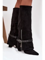 Kozaki Damskie Wsuwane Na Słupku Z Ozdobnym Paskiem Czarne Jolivine