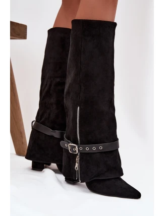 Kozaki Damskie Wsuwane Na Słupku Z Ozdobnym Paskiem Czarne Jolivine