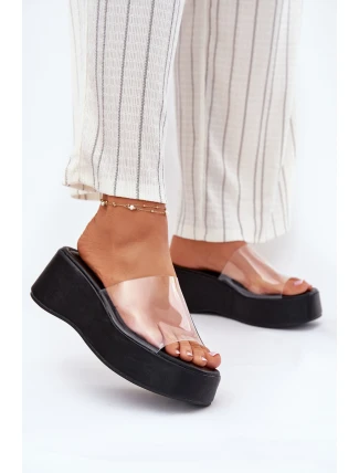 Klapki Damskie Z Transparentnym Paskiem Na Koturnie Czarne Meltiana