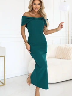 644-1 Zmyselné španielske midi šaty s mašľou vo výstrihu - fľaškovo zelené
