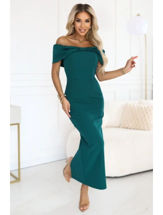 644-1 Zmyselné španielske midi šaty s mašľou vo výstrihu - fľaškovo zelené