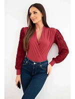 Dámske body-blúzka s prekríženým výstrihom a čipkovanými rukávmi, bordová Dámske body-blúzka s prekríženým výstrihom a čipkovanými rukávmi, bordová