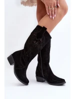 Zazoo 4043 Zamszowe Kozaki Na Niskim Obcasie Ażurowe Czarne