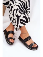 Klapki Damskie Gładkie Na Platformie Z Paskami I Klamrami Czarne Ziferte