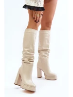 Wsuwane Kozaki Na Słupku I Platformie Z Marszczeniem Ocieplane Jasnobeżowe Beridra