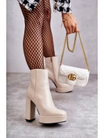 Skórzane Gładkie Botki Na Słupku Beżowe Kaysa