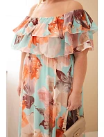 Dámske plus size šaty s volánom a odhalenými ramenami, s elastickým pásom maxi mint