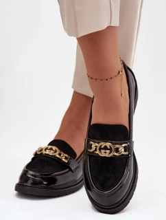 Lakierowane Mokasyny Damskie Ze Złotą Ozdobą S.Barski HY52-540 Czarne