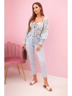 Dámska španielska blúzka s kvetinovým vzorom, dlhý rukáv, mentolová