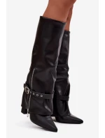 Kozaki Damskie Wsuwane Na Słupku Z Ozdobnym Paskiem Eko Skórzane Czarne Jolivine