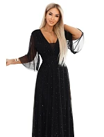 654-5 Dlhé lesklé plus size šaty s výstrihom a priehľadnými rukávmi - čierne
