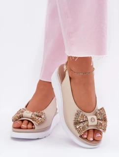 Skórzane Sandały Damskie Na Koturnie Z Kokardą Zazoo 1882 Beżowe