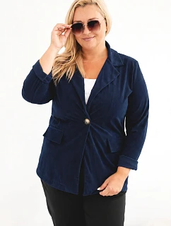 Dámske sako Plus Size z manšestru s klopami a vreckami, modré