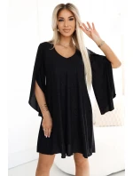 597-1 LIVIA Elegantné trapézové šaty s motýlími rukávmi - čierne s brokátom