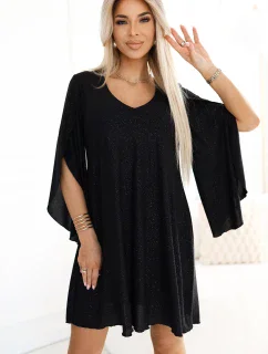 597-1 LIVIA Elegantné trapézové šaty s motýlími rukávmi - čierne s brokátom
