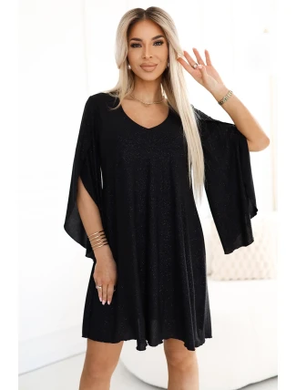 597-1 LIVIA Elegantné trapézové šaty s motýlími rukávmi - čierne s brokátom