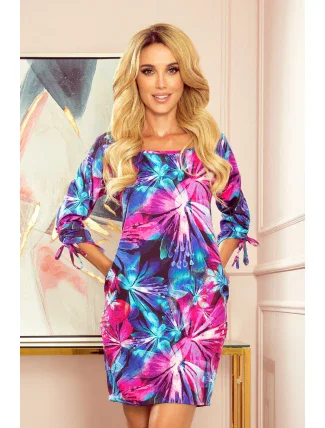 Pohodlné dámske oversize šaty so vzorom svetle modro-ružových kvetov 323-1