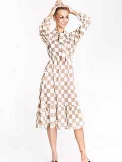 Ann Gissy Dámske kockované šaty bielej a béžovej farby s viazaným výstrihom (XY202117)