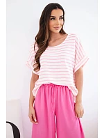 Dámska súprava z viskózy s pruhovanou blúzkou a širokými nohavicami s gumičkou ružovej farby
