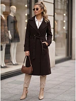 Dlhý dámsky kabát s dvoma radmi gombíkov a opaskom, čokoládovo hnedý, FashionStreet NY0804 Dlhý dámsky kabát s dvoma radmi gombíkov a opaskom, čokoládovo hnedý, FashionStreet NY0804