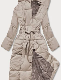Dámsky zimný kabát s opaskom svetlo béžový (2M-061)