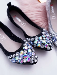 Skórzane Baleriny z Kamieniami Czarne Crystal