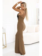 617-1 Dlhé šaty s čiernou čipkou a sieťovinou - MOCHA MOUSSE