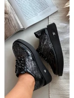 Skórzane Sznurowane Półbuty Damskie Na Platformie Artiker 57C2043 Czarno-Srebrne