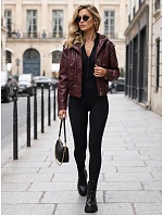 Dámska kožená bunda s kapucňou, bordová, FashionStreet TY5855 Dámska kožená bunda s kapucňou, bordová, FashionStreet TY5855