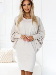 402-7 Sveter teplé netopierie šaty s výstrihom - béžové