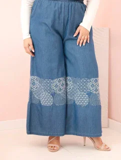 Dámske Plus veľkosť široké nohavice s etnickou výšivkou Denim