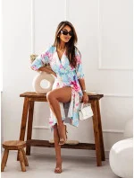 Svetlomodré a ružové dámske šaty so skladaným obálkovým výstrihom (704)