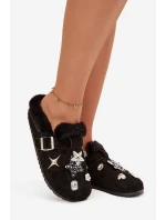 Dámské pantofle s ozdobami a sponou vyhřívané kožešinou černé Thalora