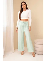 Viskózové nohavice so širokými nohavicami mätovej farby
