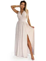 362-8 JUSTINE Dlhé šaty s výstrihom a zaväzovaním na chrbte - béžové s trblietkami 362-8 JUSTINE Dlhé šaty s výstrihom a zaväzovaním na chrbte - béžové s trblietkami