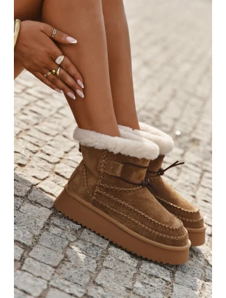 Zamszowe Śniegowce Damskie Z Ozdobnymi Przeszyciami  Big Star SS274373 Camel