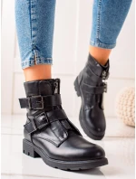 Módne dámske čierne členkové topánky na plochom podpätku Módne dámske čierne členkové topánky na plochom podpätku