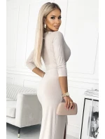 404-3 Dlhé trblietavé šaty s výstrihom a rozparkom na nohách - béžové s trblietkami