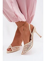 Dámské sandály na podpatku s krajkou a ozdobami Béžové Melivelle