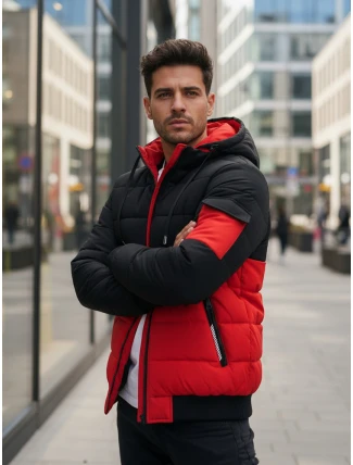 Pánska červeno-čierna zimná bunda s kapucňou FashionStreet TX5099 Pánska červeno-čierna zimná bunda s kapucňou FashionStreet TX5099