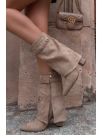 Ocieplane Botki Damskie Na Słupku Z Ozdobnym Paskiem Khaki Luvielle