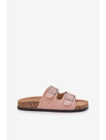 Materiałowe Klapki Na Korkowej Podeszwie Z Klamrami Różowe Atera