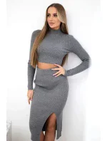 Súprava rebrovaná blúzka + sukňa sivá