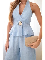 Dámsky viskózový uzlíkový top a nohavice so širokými nohavicami modré Dámsky viskózový uzlíkový top a nohavice so širokými nohavicami modré