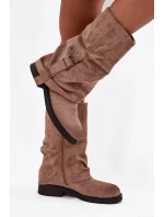 Kozaki Damskie Z Wywiniętą Cholewką Do Połowy Łydki Z Klamrą Khaki Minelle