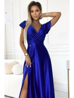 411-11 CRYSTAL saténové dlhé šaty s výstrihom - CHABRERA