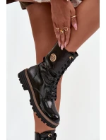 Lakierowane Botki Workery Damskie Ze Złotym Detalem Ocieplane Czarne Dorialine