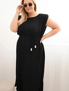 Dámske plus size viskózové plisované šaty s viazaním čierne