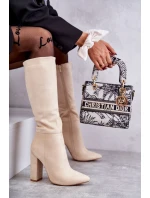 Klasyczne Zamszowe Kozaki Na Obcasie Beżowe Tressa