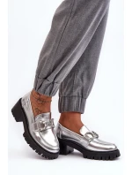 Damskie Skórzane Półbuty Na Masywnym Obcasie Srebrne Lemmitty